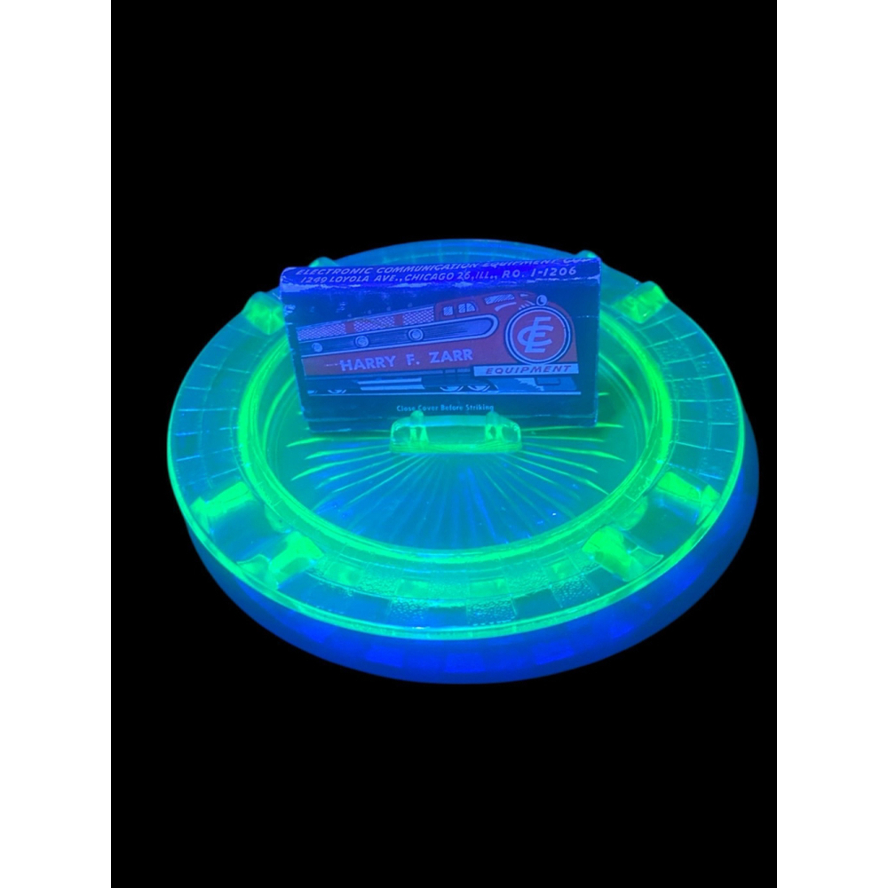 Depression UV Vaseline Glass Ashtray Sunburst Base w/Center Matchbook Holder